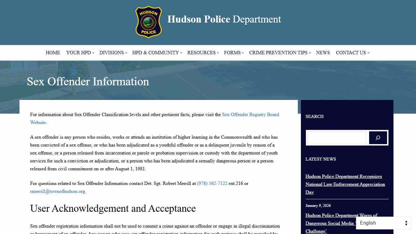 Sex Offender Information - Hudson Police Department
